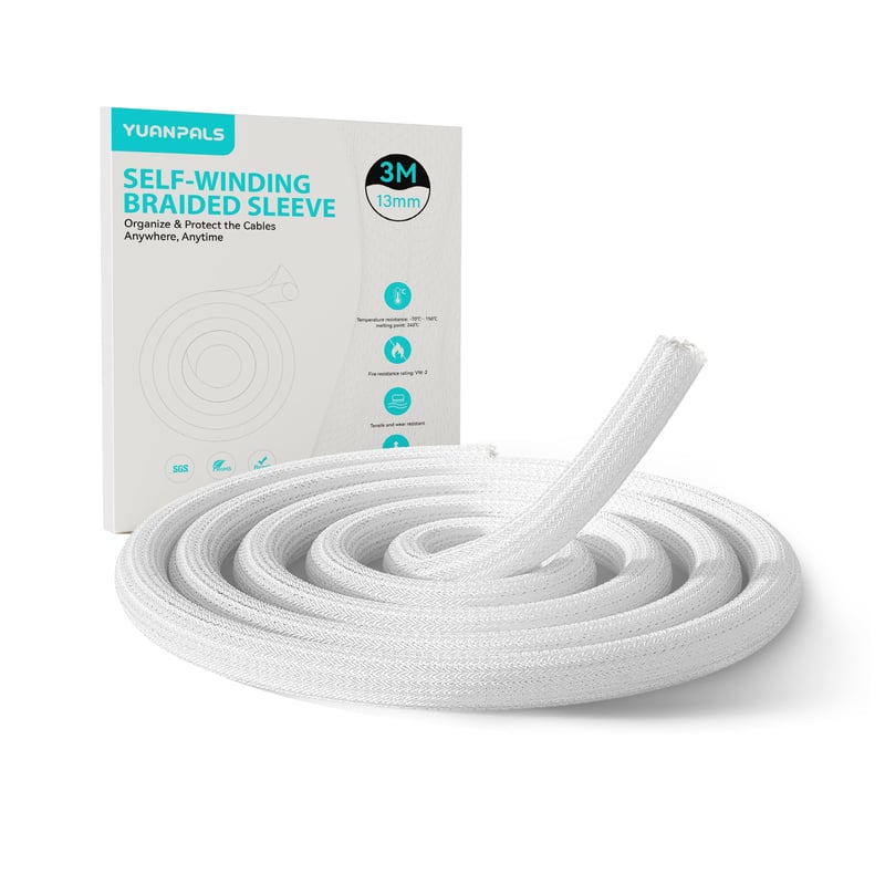YuanPals Organizér na káble, opletený rukáv 13 mm x 3 m, samozatvárací textilný káblový kanál pre PC, TV, domov a kanceláriu, biely