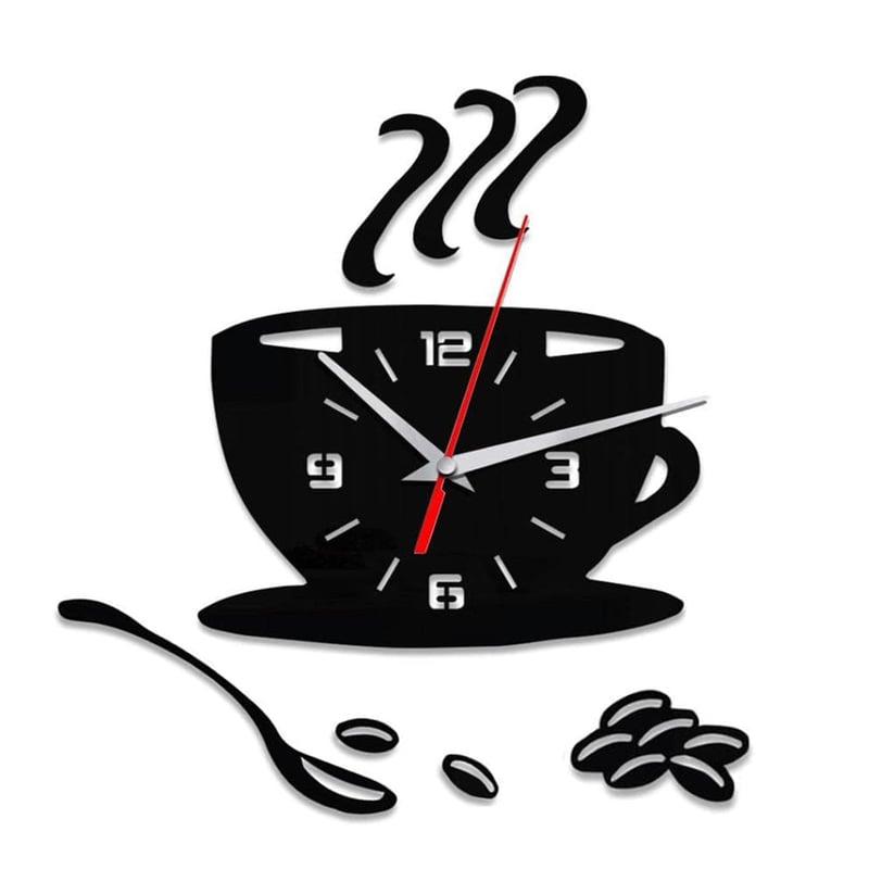Ceas de perete 3D yufana cu autocolant oglindă, ceas de perete mare DIY, ceas modern autoadeziv pentru living, bucătărie, dormitor, decorațiuni de birou, formă ceașcă de cafea, negru