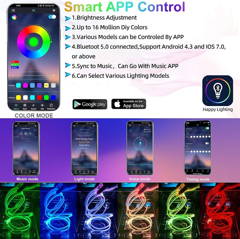 YUGUANG 5az1-ben autó LED szalag RGB 600cm music sync, app vezérlés