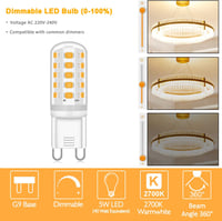 Yuiip G9 LED Izzó 4db, Szabályozható Fényerő, 340LM, 5W (50W Halogén Ekvivalens), Villódzásmentes, 3000K Meleg Fehér, 30000 Óra Élettartam 2