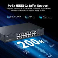 YuLinca 16 Portos PoE Switch - 10/100Mbps PoE+ Portok, 2 Gigabit Uplink, IEEE802.3af/at, 200W, VLAN & 250m PoE Hatótáv, Rackbe Szerelhető Ve 4