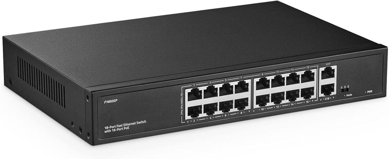 YuLinca 16 Portos PoE Switch - 10/100Mbps PoE+ Portok, 2 Gigabit Uplink, IEEE802.3af/at, 200W, VLAN & 250m PoE Hatótáv, Rackbe Szerelhető Ve