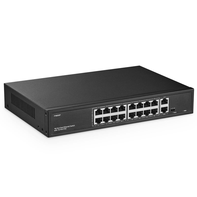 YuLinca 16 Port PoE Switch - 10/100Mbps PoE+ portovi, 2 Gigabit Uplink porta, IEEE802.3af/at, 200W, VLAN & 250m PoE udaljenost, Rack montaža