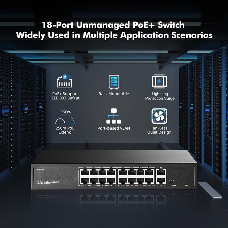 YuLinca 16 Portos PoE Switch - 10/100Mbps PoE+ Portok, 2 Gigabit Uplink, IEEE802.3af/at, 200W, VLAN & 250m PoE Hatótáv, Rackbe Szerelhető Ve