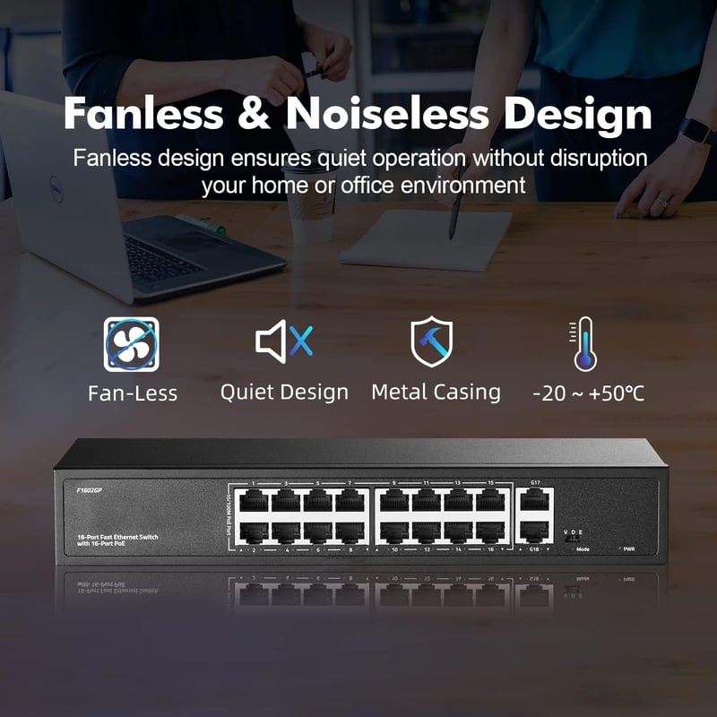 YuLinca 16 Portos PoE Switch - 10/100Mbps PoE+ Portok, 2 Gigabit Uplink, IEEE802.3af/at, 200W, VLAN & 250m PoE Hatótáv, Rackbe Szerelhető Ve