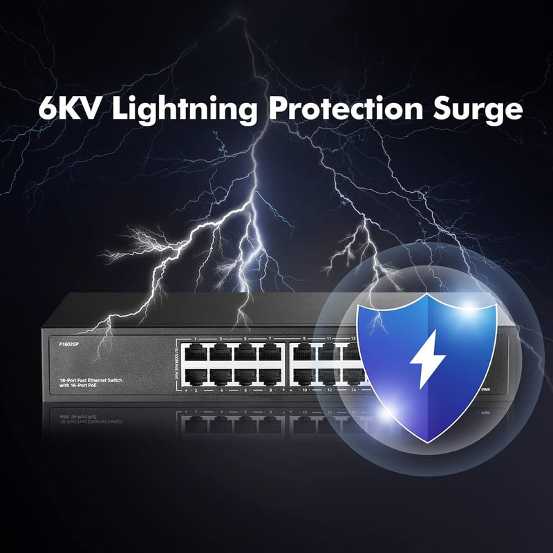 YuLinca 16 Portos PoE Switch - 10/100Mbps PoE+ Portok, 2 Gigabit Uplink, IEEE802.3af/at, 200W, VLAN & 250m PoE Hatótáv, Rackbe Szerelhető Ve