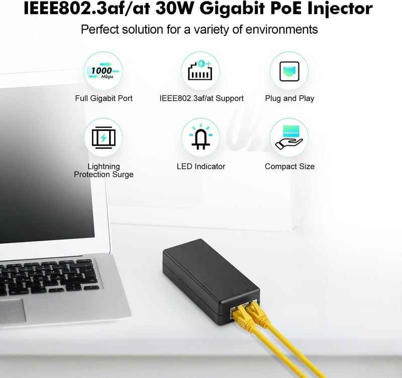 YuLinca 2 Portos Gigabit PoE+ Injektor, IEEE 802.3af 30W, 10/100/1000 Mbps, Plug & Play, Fali Rögzíthető, 100 Méteres Hatótáv