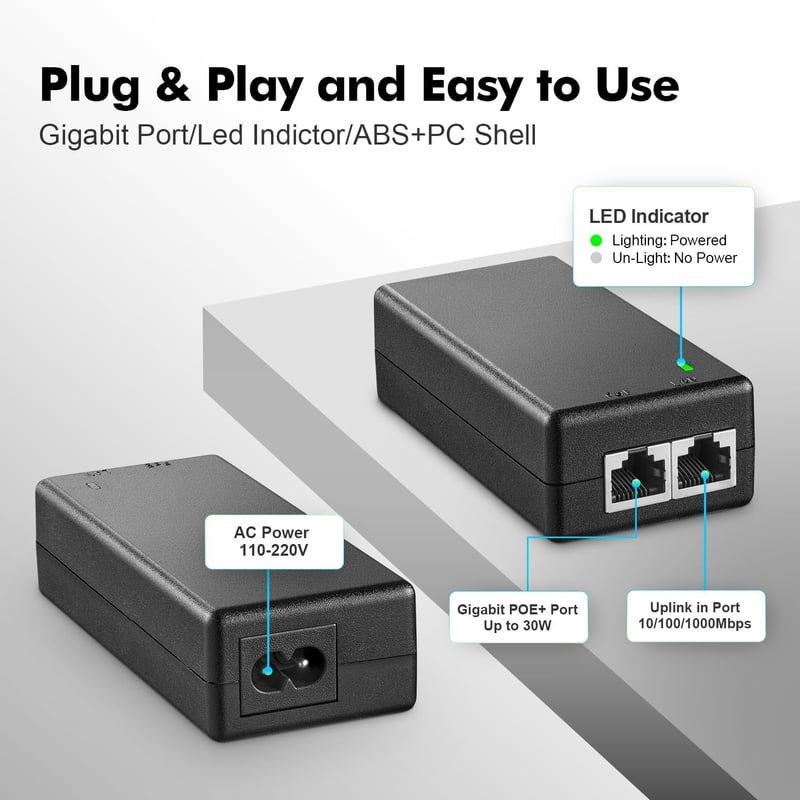 YuLinca 2 Portos Gigabit PoE+ Injektor, IEEE 802.3af 30W, 10/100/1000 Mbps, Plug & Play, Fali Rögzíthető, 100 Méteres Hatótáv