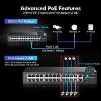 YuLinca 24 Portos PoE Switch - 10/100Mbps, 2 Gigabit Uplink, 300W, IEEE802.3af/at, VLAN, 250m PoE Hatótáv, Rack Szerelhető, Ventilátor Nélkü 5