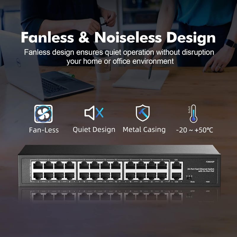 YuLinca 24 Portos PoE Switch - 10/100Mbps, 2 Gigabit Uplink, 300W, IEEE802.3af/at, VLAN, 250m PoE Hatótáv, Rack Szerelhető, Ventilátor Nélkü