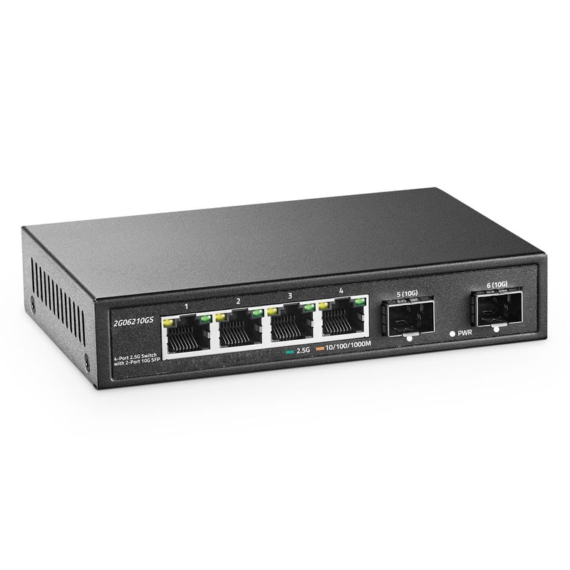 YuLinca 4-portový 2.5G sieťový switch s 2x10G SFP portami - kovové telo, bez ventilátora, nespravovateľný Ethernet rozbočovač, 2500Mbps