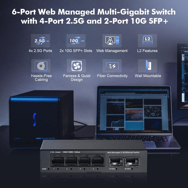YuLinca 6 Portos 2.5G Menedzselhető Switch - 4x 2.5Gbps RJ45 + 2x 10G SFP+ Port, LACP/QOS/VLAN Támogatás, Fém Ház, Ventilátor Nélküli Hálóza