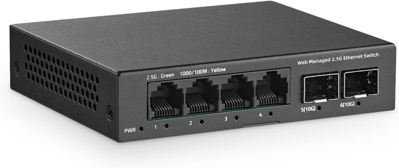 YuLinca 6 Portos 2.5G Menedzselhető Switch - 4x 2.5Gbps RJ45 + 2x 10G SFP+ Port, LACP/QOS/VLAN Támogatás, Fém Ház, Ventilátor Nélküli Hálóza