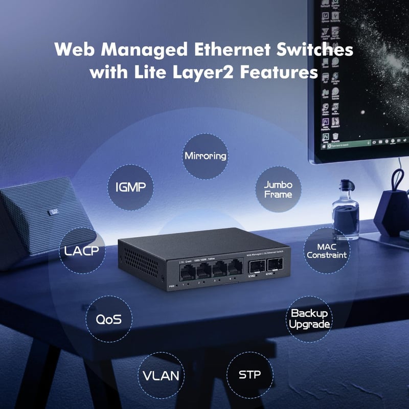 YuLinca 6 Portos 2.5G Menedzselhető Switch - 4x 2.5Gbps RJ45 + 2x 10G SFP+ Port, LACP/QOS/VLAN Támogatás, Fém Ház, Ventilátor Nélküli Hálóza