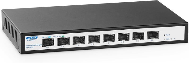 YuLinca 8 Portos 10Gbps SFP+ Menedzselhető Switch - 160Gbps Sávszélesség, 1G/2.5G/10G Kompatibilis, Ventilátormentes Fém Ház, Asztali/Falra 