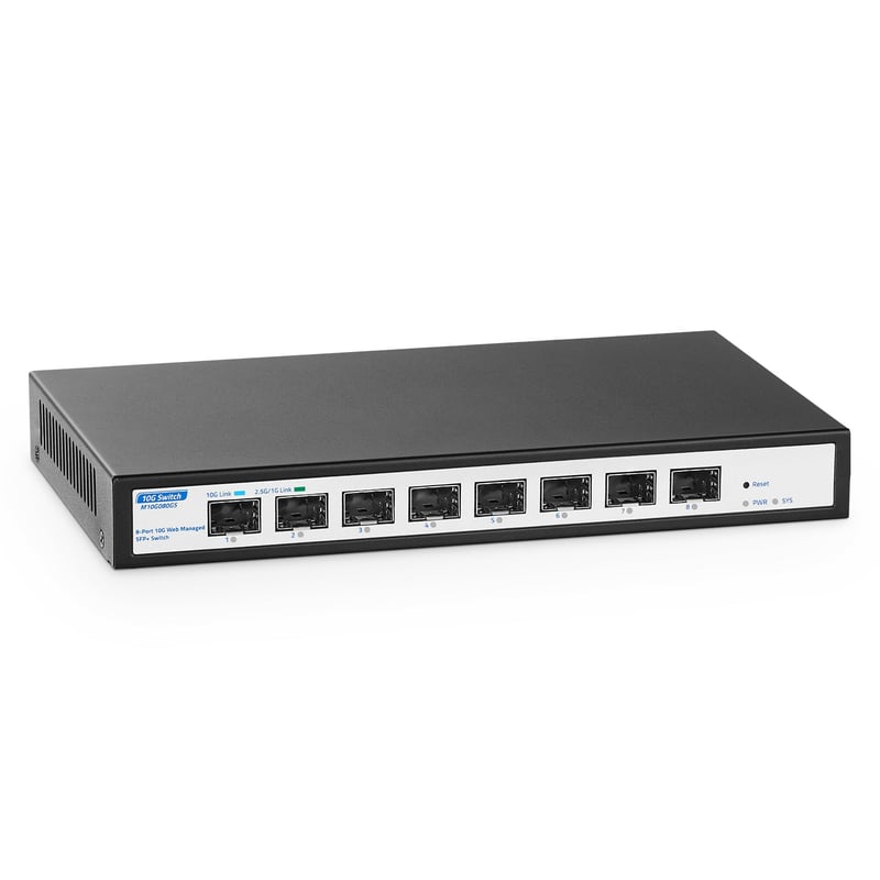 YuLinca 8-portový 10Gbps SFP+ Managed Switch - 160Gbps priepustnosť, kompatibilný s 1G/2.5G/10G, bezventilátorové kovové šasi, stolný/nástenný