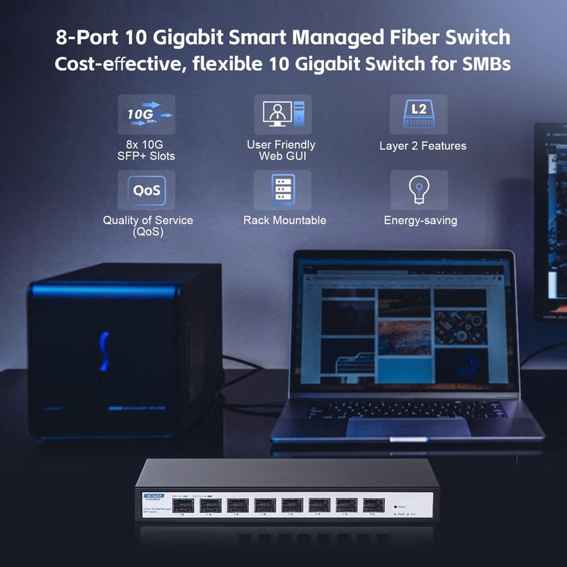 YuLinca 8 Portos 10Gbps SFP+ Menedzselhető Switch - 160Gbps Sávszélesség, 1G/2.5G/10G Kompatibilis, Ventilátormentes Fém Ház, Asztali/Falra 