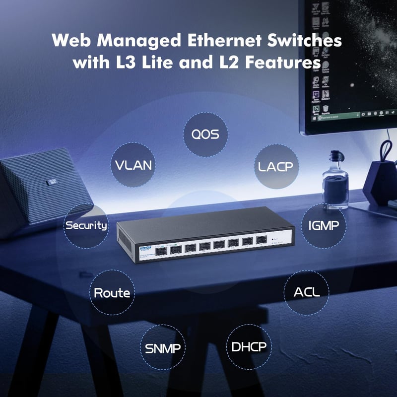 YuLinca 8 Portos 10Gbps SFP+ Menedzselhető Switch - 160Gbps Sávszélesség, 1G/2.5G/10G Kompatibilis, Ventilátormentes Fém Ház, Asztali/Falra 