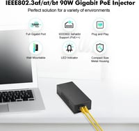 YuLinca Gigabit PoE+ Injektor 90W - 802.3af/at/bt Fém Adapter, 10/100/1000Mbps, Non-PoE to PoE Átalakító, 100m Hatótávolság, Kamerákhoz, AP- 2