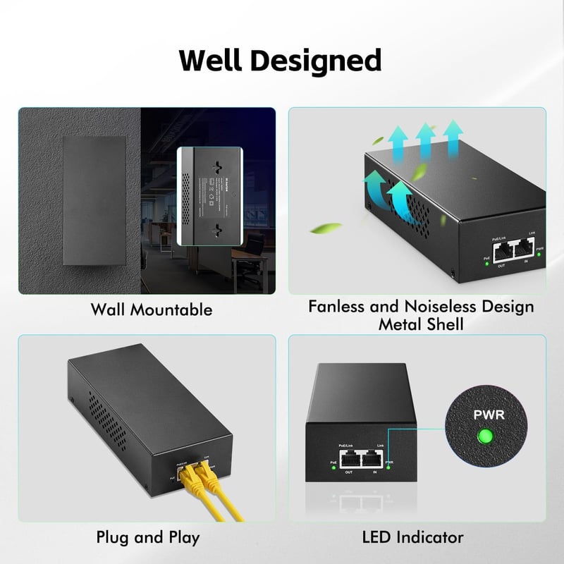 YuLinca Gigabit PoE+ Injektor 90W - 802.3af/at/bt Fém Adapter, 10/100/1000Mbps, Non-PoE to PoE Átalakító, 100m Hatótávolság, Kamerákhoz, AP-