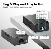 YuLinca Gigabit PoE+ Injektor 90W - 802.3af/at/bt Fém Adapter, 10/100/1000Mbps, Non-PoE to PoE Átalakító, 100m Hatótávolság, Kamerákhoz, AP- 4