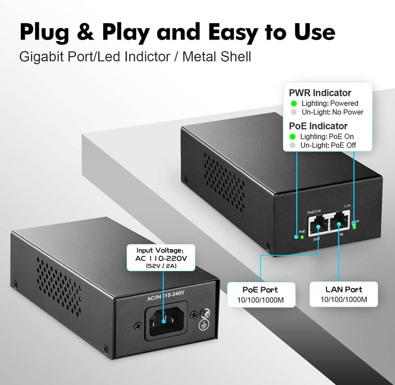 YuLinca Gigabit PoE+ Injektor 90W - 802.3af/at/bt Fém Adapter, 10/100/1000Mbps, Non-PoE to PoE Átalakító, 100m Hatótávolság, Kamerákhoz, AP-
