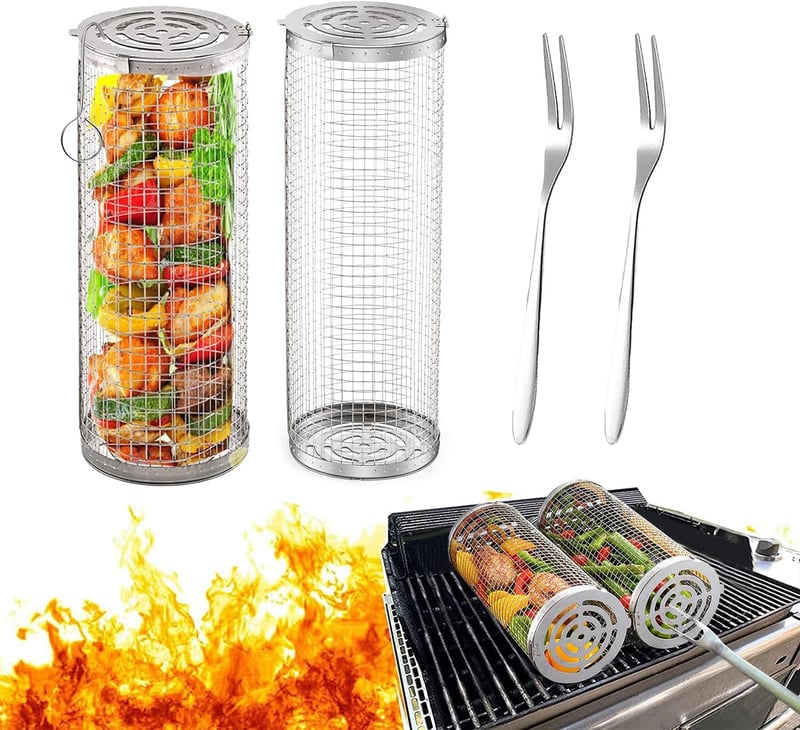 YumSur 2 db Rozsdamentes Acél Grillkosár Szett - Forgatható BBQ Kosár Zöldségekhez, Kempingezéshez, Sütőhöz - Mosogatógépben Mosható