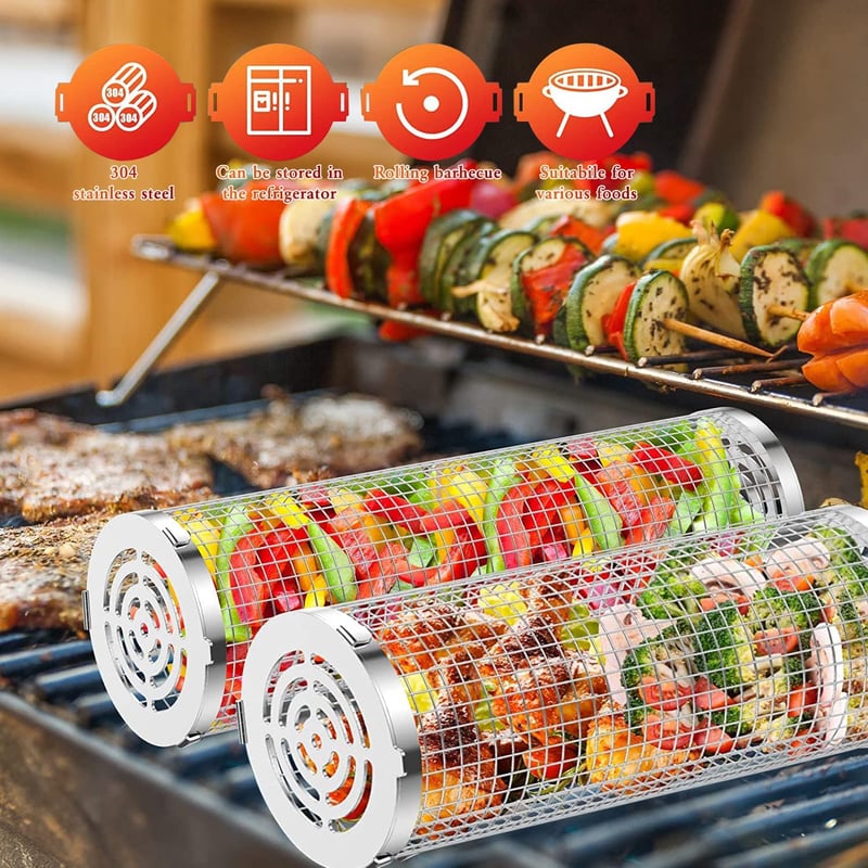 YumSur 2 db Rozsdamentes Acél Grillkosár Szett - Forgatható BBQ Kosár Zöldségekhez, Kempingezéshez, Sütőhöz - Mosogatógépben Mosható
