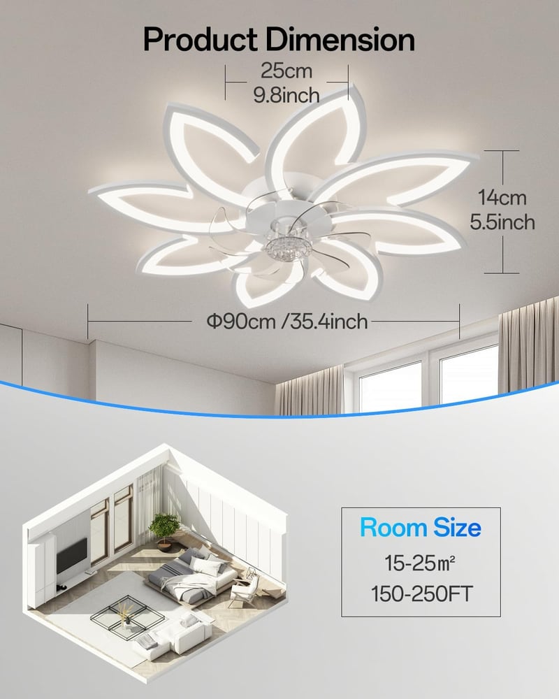 YUNLONG 90 cm Mennyezeti Ventilátor LED Világítással - Csendes DC Motor, 6 Sebességes, Távirányítós, Fehér, Hálószobába, Nappaliba