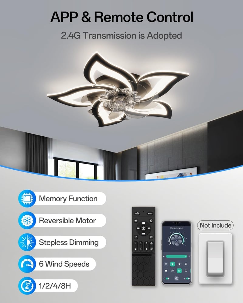 YUNLONG Fekete Mennyezeti Ventilátor Lámpával - Távirányítós, Csendes DC Motor, 6 Sebességű, Dimmelhető LED, Nyári-Téli Üzemmód, Modern Virá