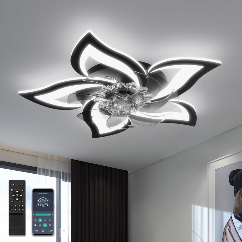 YUNLONG Fekete Mennyezeti Ventilátor Lámpával - Távirányítós, Csendes DC Motor, 6 Sebességű, Dimmelhető LED, Nyári-Téli Üzemmód, Modern Virá