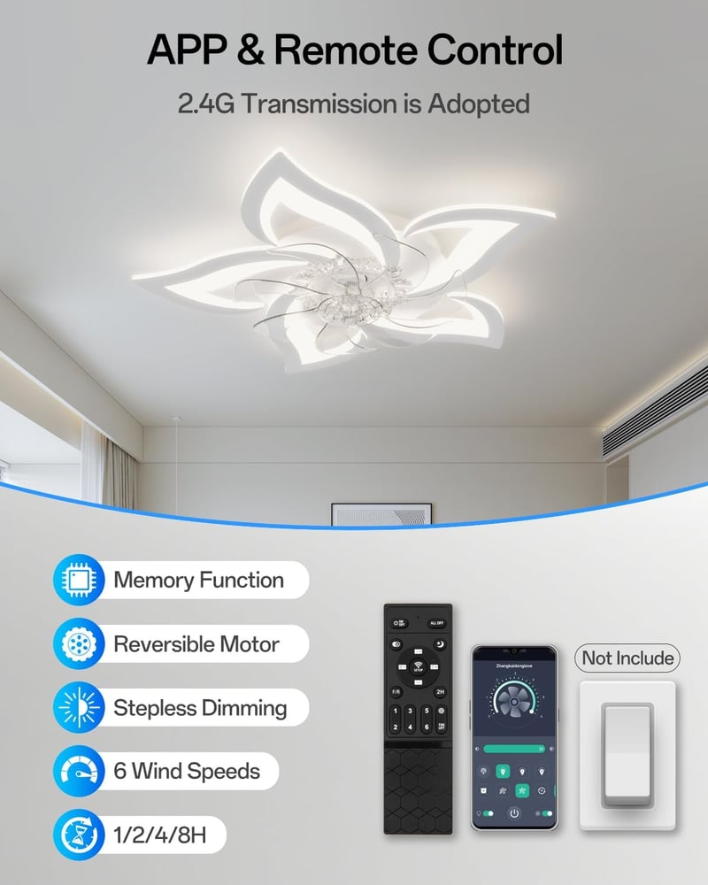 YUNLONG Mennyezeti Ventilátor Lámpával, Távirányítóval, Csendes DC Motor, 6 Fokozat, Dimmelhető