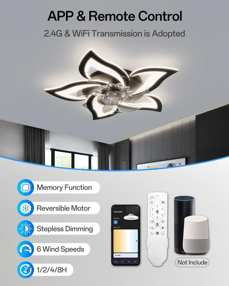 YUNLONG Okos Mennyezeti Ventilátor LED Világítással - Alexa és Google Kompatibilis, 6 Sebességű DC Motor, Nyári-Téli Üzemmód, Távirányítós, 