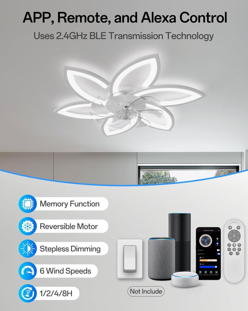 YUNLONG Okos Mennyezeti Ventilátor Virág Dizájnnal, Szabályozható LED Világítással, Alexa Kompatibilis, Távirányítóval, Bluetooth Vezérlés