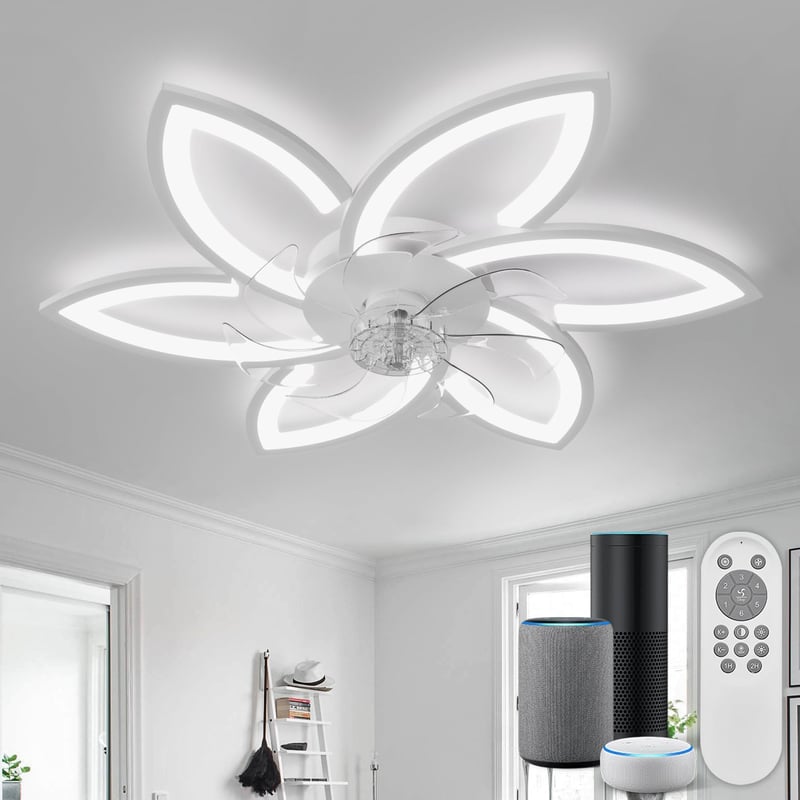 YUNLONG Okos Mennyezeti Ventilátor Virág Dizájnnal, Szabályozható LED Világítással, Alexa Kompatibilis, Távirányítóval, Bluetooth Vezérlés