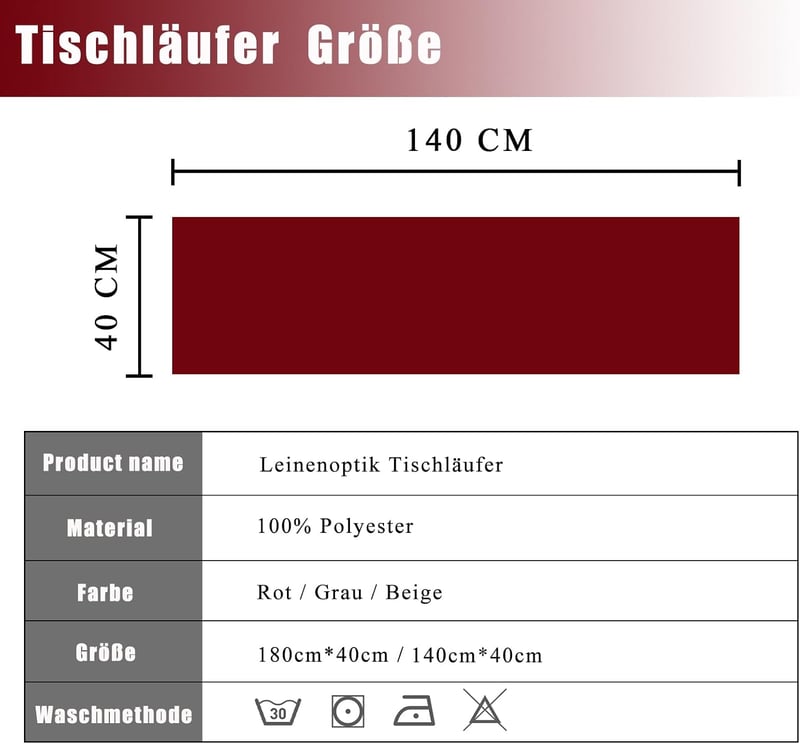 YUNSHANGHE vízálló asztali futó 40x140 cm piros lenvászon hatás mosható