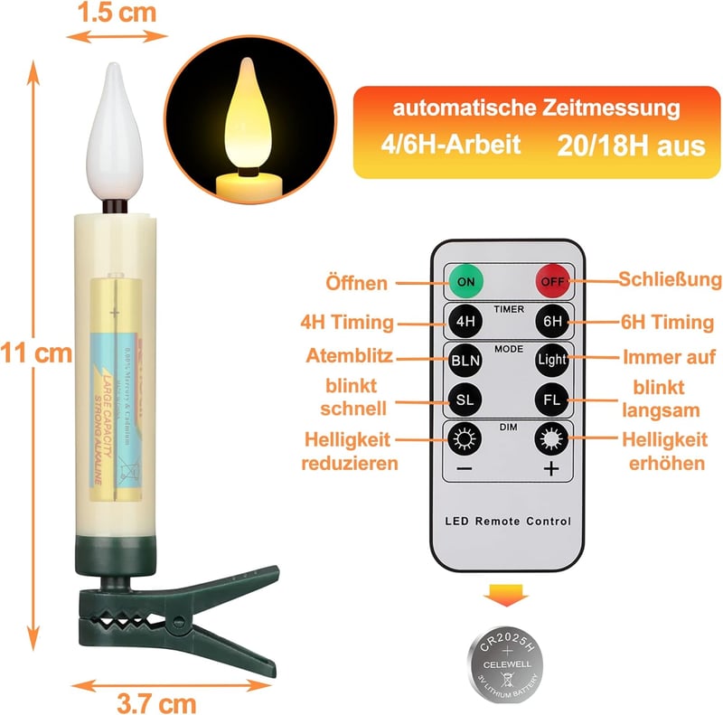 yunsheng 20 db LED Karácsonyi Gyertya Távirányítóval - Elemes, Vezeték Nélküli, Villogó Fényhatás, Vízálló IP64, Időzítővel, Karácsonyfa Dek