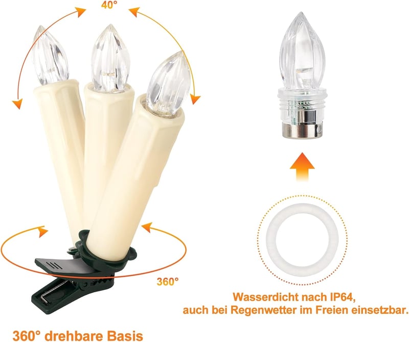 yunsheng Karácsonyi LED Gyertyafüzér - 20 db Elemes, Távirányítós, Időzíthető, Vízálló Fényfüzér Karácsonyfa Dekorációhoz, Meleg Fehér Fénny