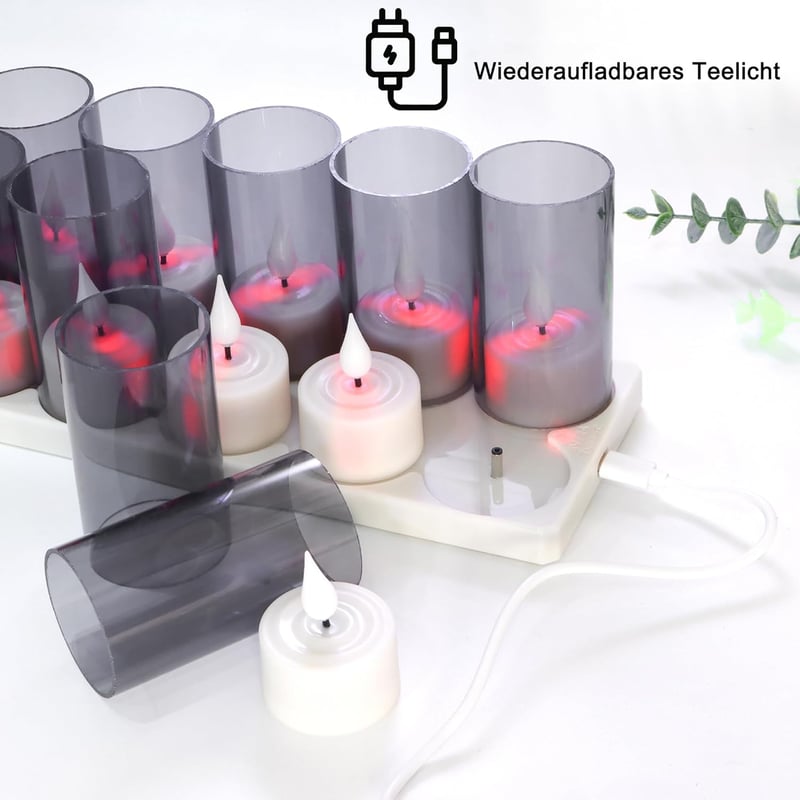 yunsheng Újratölthető LED Teamécses Szett 12 db - Távirányítóval, Időzítővel és Töltőállomással - Villogó Elektromos Gyertyák Otthoni Dekorá