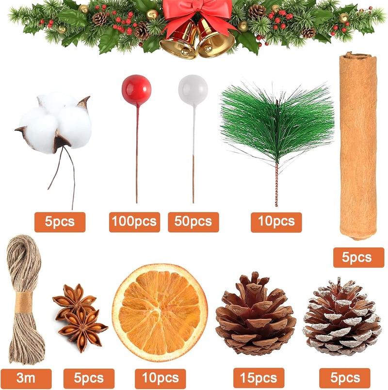 YUNSTK 206 darabos Adventi Koszorú DIY Készlet Fenyőtobozokkal és Aszalt Naranccsal