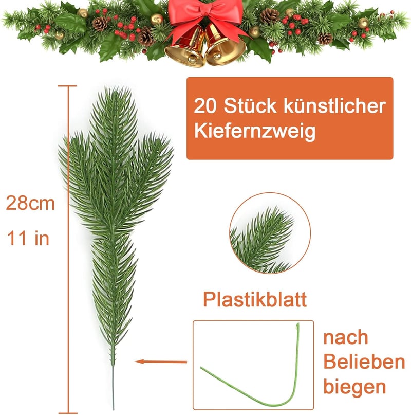 YUNSTK Műfenyő ágak 20 db, valódi hatású zöld dekoráció, karácsonyi girland és koszorú díszítéshez
