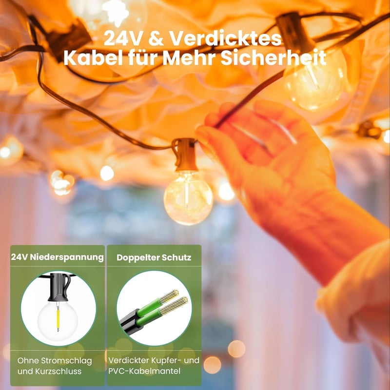 Yuusei 60m Kültéri LED Fényfüzér Távirányítóval - 100+4 G40 Vízálló IP45 Meleg Fehér Izzó Kerti Partikhoz, Teraszra, Esküvőre