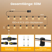 Yuusei 60m Kültéri LED Fényfüzér Távirányítóval - 100+4 G40 Vízálló IP45 Meleg Fehér Izzó Kerti Partikhoz, Teraszra, Esküvőre 4