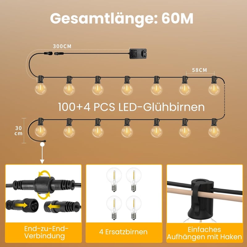 Yuusei 60m Kültéri LED Fényfüzér Távirányítóval - 100+4 G40 Vízálló IP45 Meleg Fehér Izzó Kerti Partikhoz, Teraszra, Esküvőre