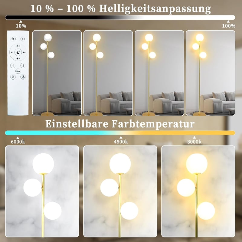 YuveSeqin arany állólámpa távirányítóval, 3 E27 LED izzóval, nappali hálószoba irodai lámpa 170 cm