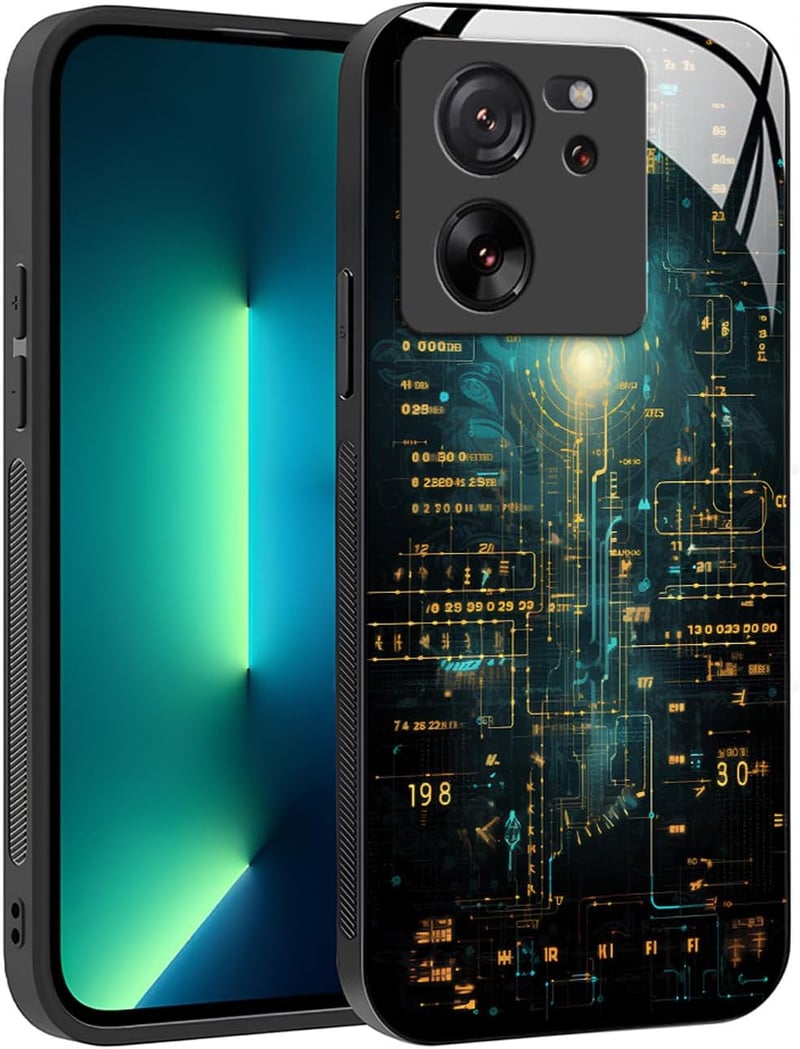 YUXING tok Xiaomi 13T / 13T Pro-hoz, cyberpunk geometriai mintás üveg hátlap