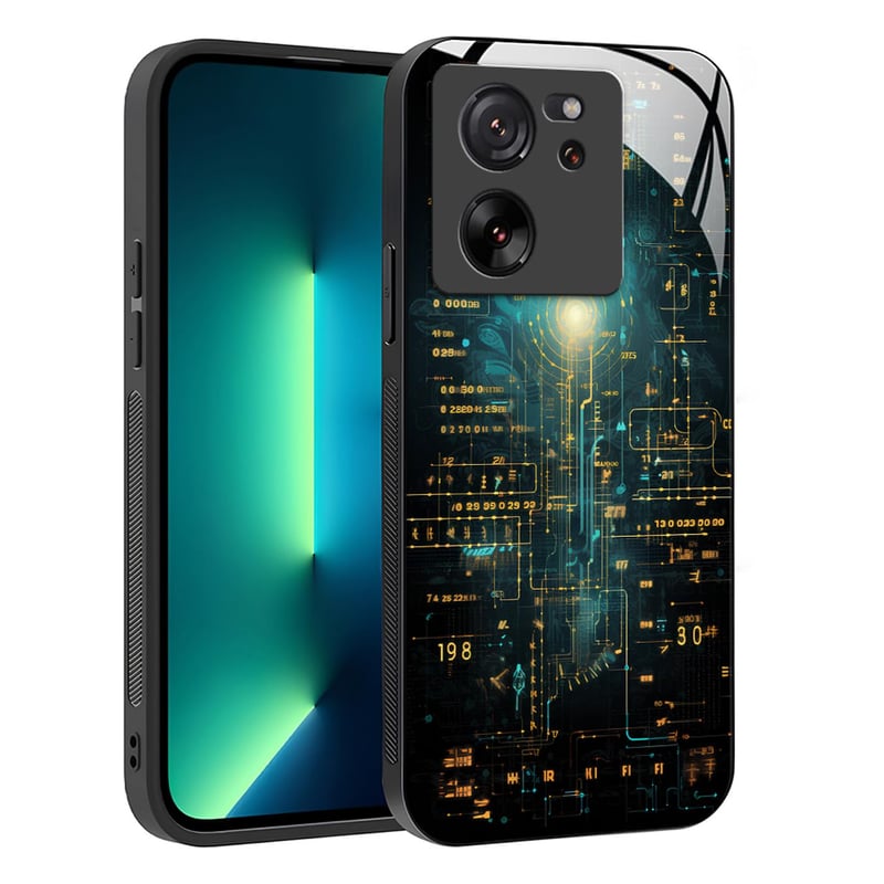 Kryt YUXING na Xiaomi 13T / 13T Pro, sklenený zadný kryt s geometrickým cyberpunkovým vzorom