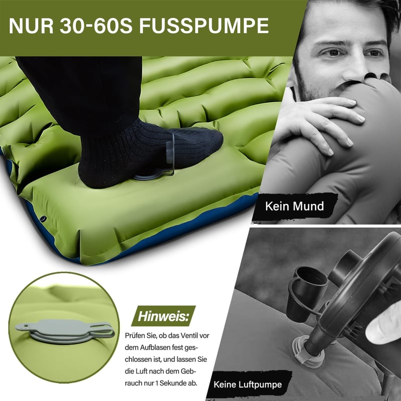 Yuzonc Önfelfújó Kempingmatrac - 10 cm Vastag Hálózsák Alátét Beépített Párnával és Lábpumpával - Ultrakönnyű Túramatrac Kültéri Használatra - Green & Blue