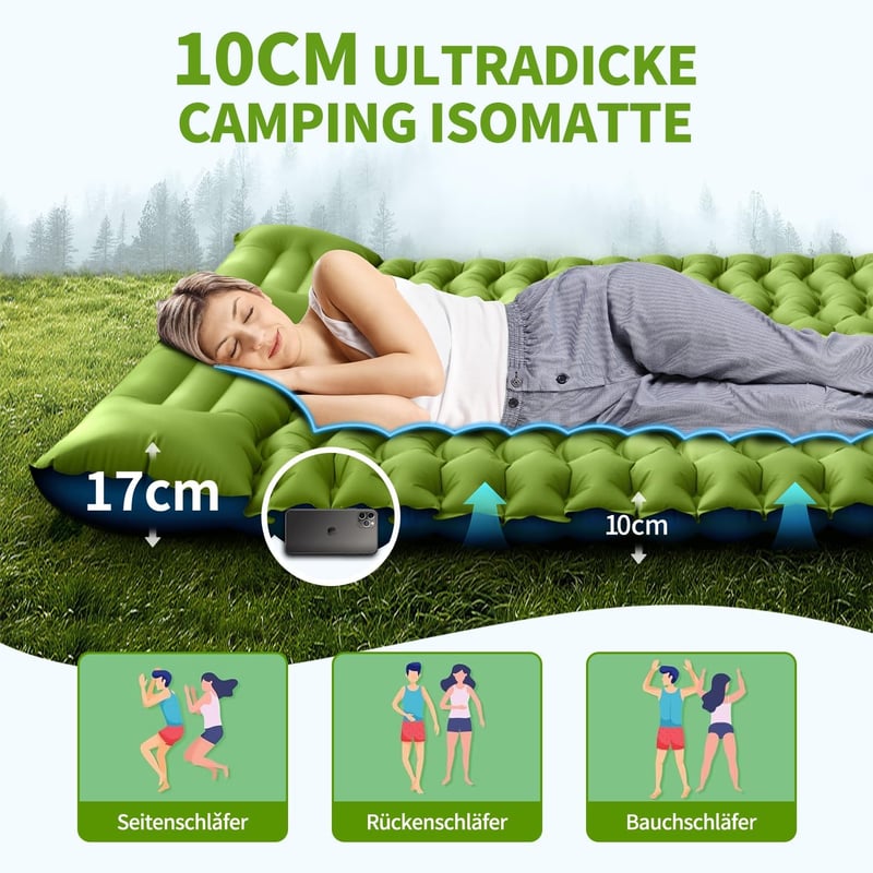 Yuzonc Önfelfújó Kempingmatrac 2 Személyes - 10 cm Vastag Dupla Matrac Beépített Párnával és Lábpumpával, Ultrakönnyű Túramatrac Kempingezés