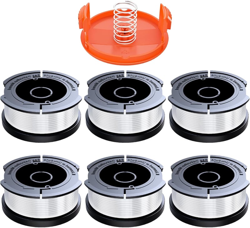 YWTESCH Fűkasza Damil Szett - 6 db Vágószál Tekercs Black and Decker Fűszegélynyíróhoz, 1,65 mm x 10 m, Fedéllel és Cserealkatrésszel